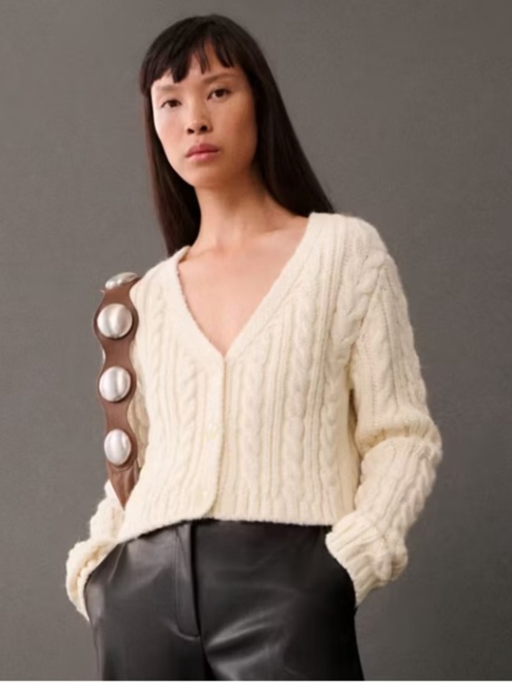 Mango Cable Knit Cropped Cardigan Ecru Button Front Size M